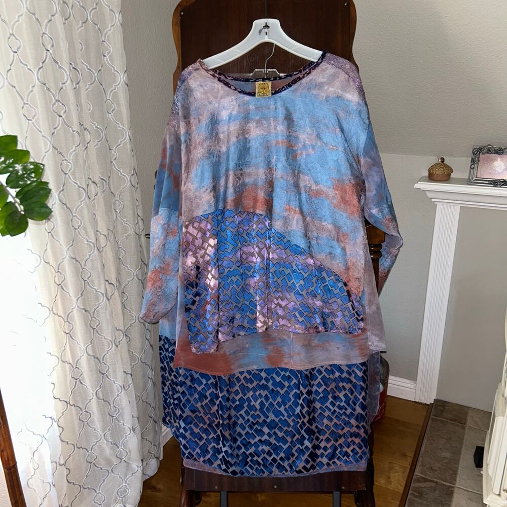 URU Kristine St. RRik silk top and skirt blue velvet trim boho hippie size 1
